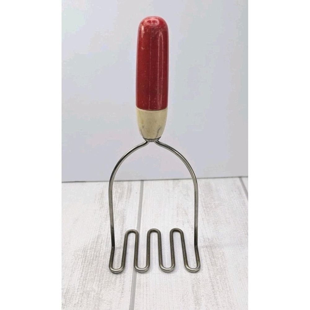Vintage Androck Potato Masher Red Cream Handle Made in USA MCM Kitchen Utensil